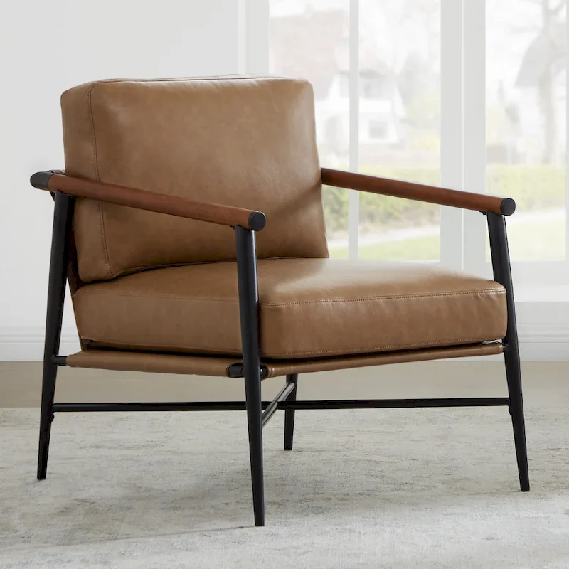 Mid-Century Modern Accent Chair, Matte Black Metal Frame & Wood Armrests, 350 lbs