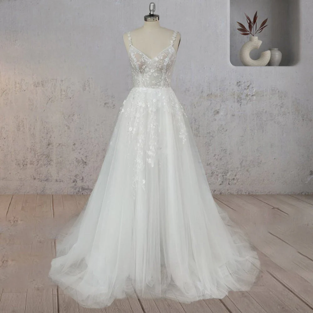 A-Line White Flower Appliqued Tulle Wedding Dress