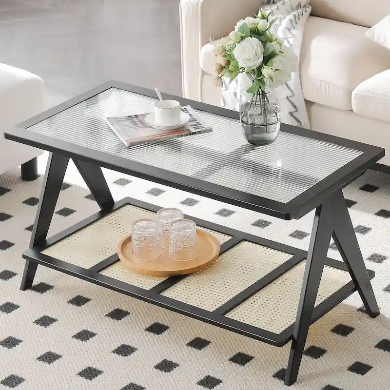 2-Tier Rectangular Coffee Table, Glass Top Sofa Table - 39.4L x 19.7W x 19.7D