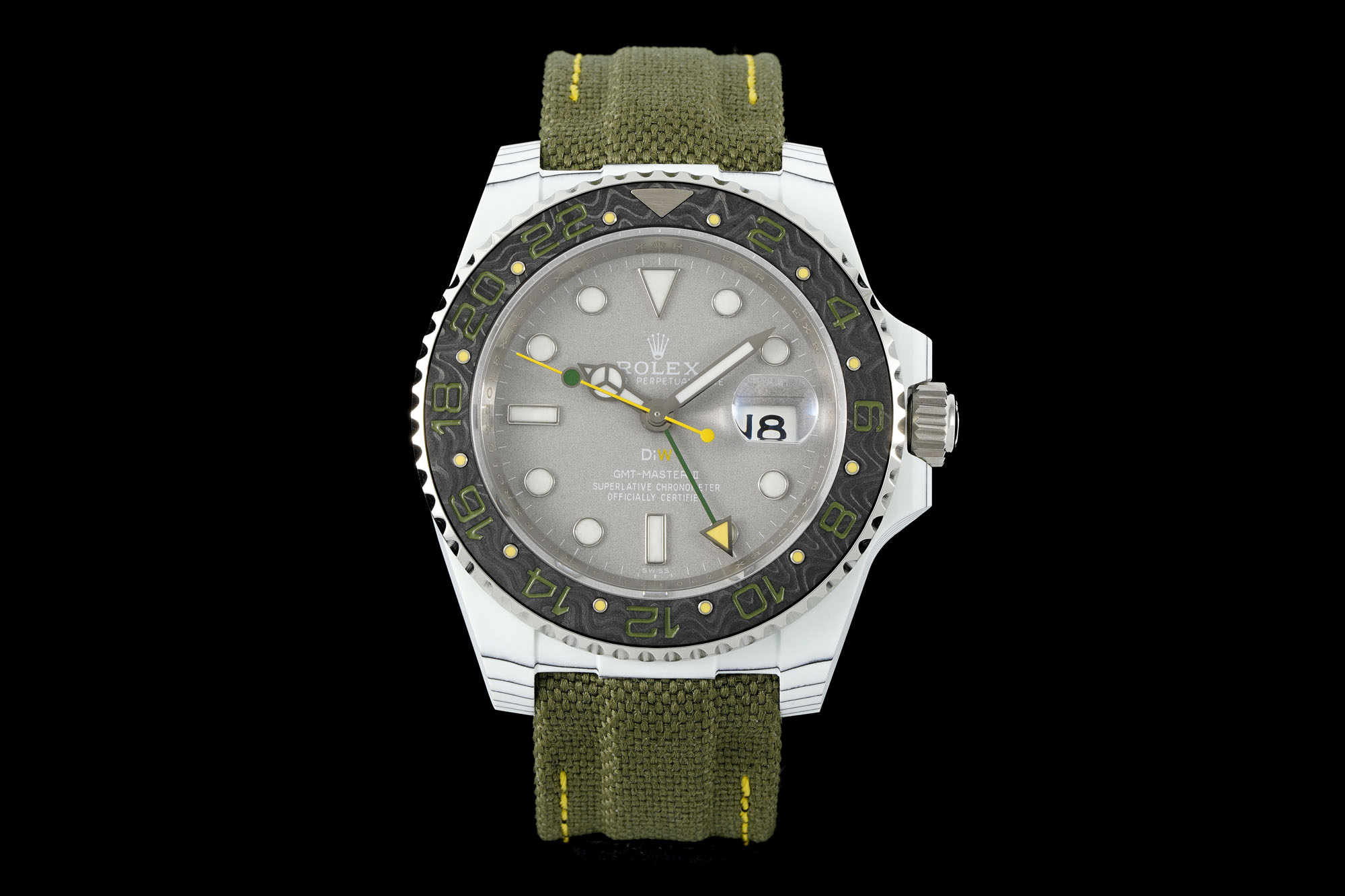 Rolex GMT-Master II super clone front view with gray dial and olive green NATO strap
