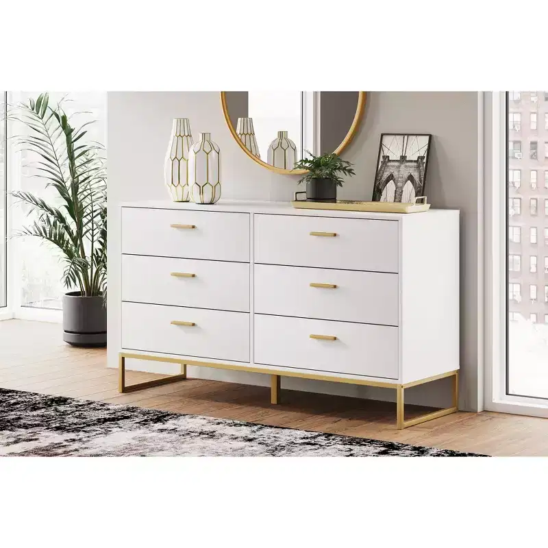 Signature Design by Ashley Socalle 6 Drawer Dresser, White with Goldtone Hardware, Modern Chic Style