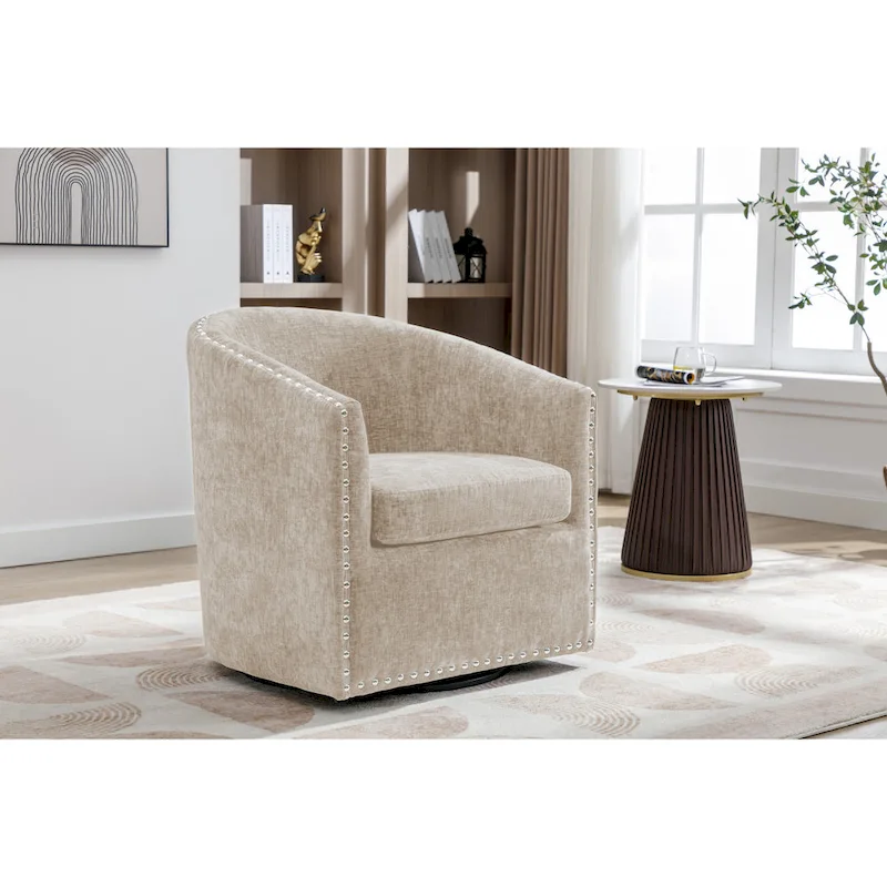Swivel Barrel Accent Chair, Fabric Upholstered, Single Seat (Dark Grey / Blue / Pink / Beige)