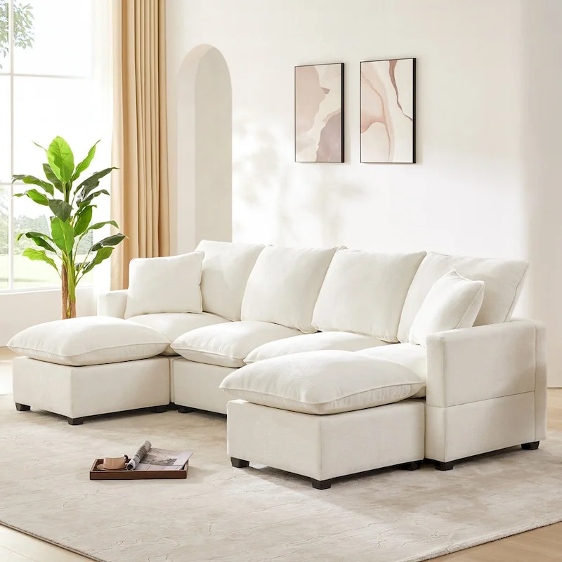Modern 6-Seat Free Combination U-Shaped Modular Sofa, Sectional Couch Set with 2 Pillows