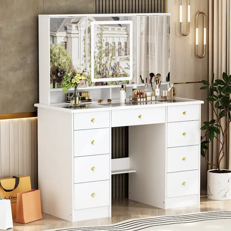 White Vanity Desk with Lights, 9 Drawers, Adjustable Mirror – 3 Colors, 1-Person