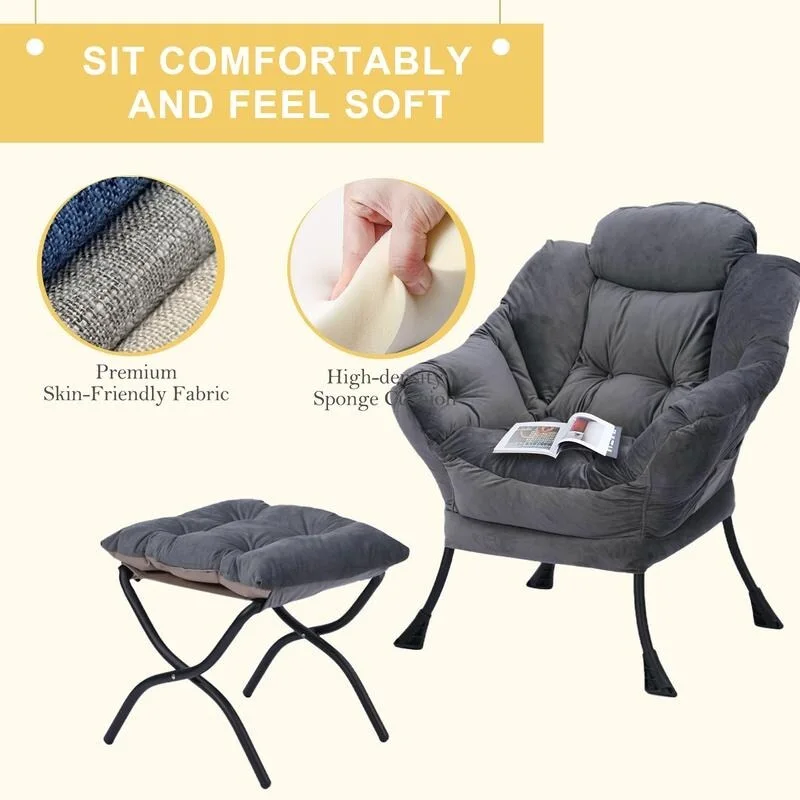 Modern Cotton Thick Padded Lazy Chair With Folding Ottoman