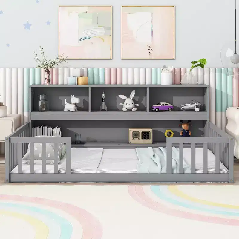 Bellemave Twin Kids Floor Bed with Built-in Storage Bookcase and Guardrails, Grey