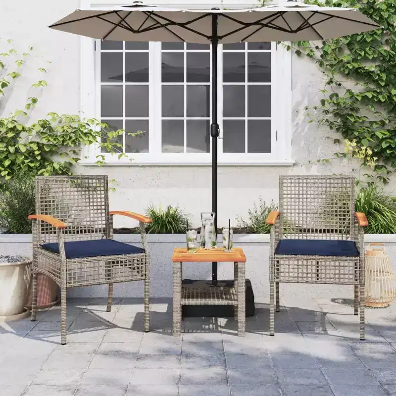 vidaXL 3 Piece Bistro Set with Cushions Gray Poly Rattan Acacia Wood