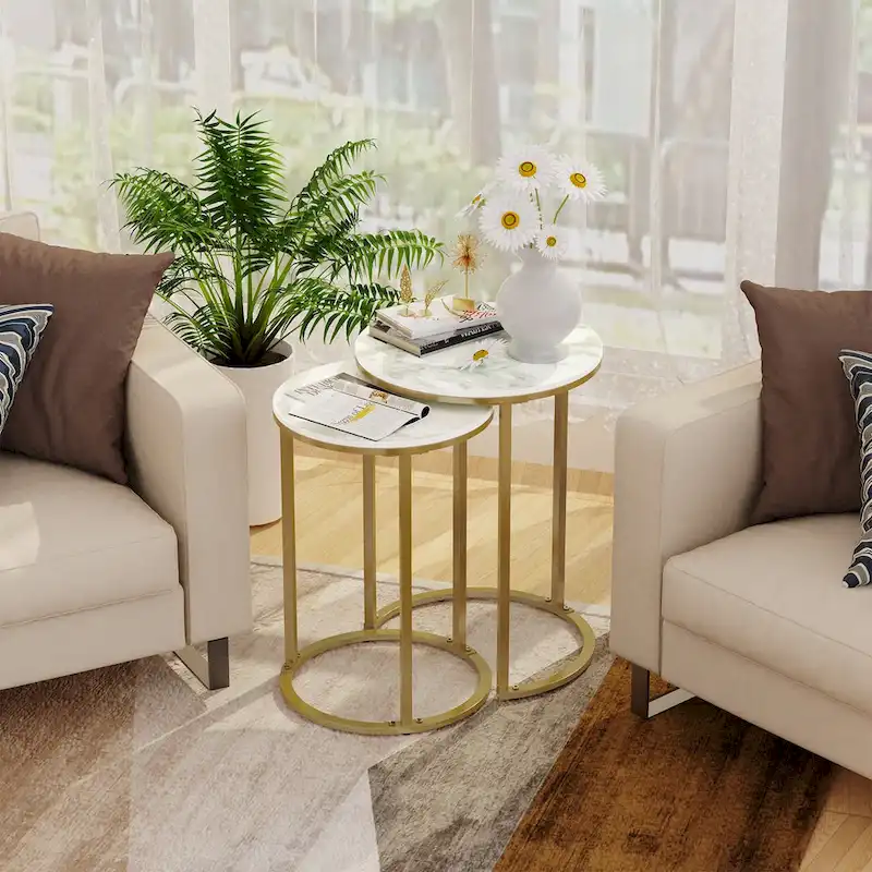 Gold + White Marble-Top Nesting Side Table Set, 2-Piece