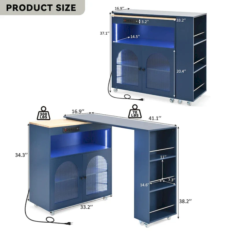 56.3 in. W Kitchen Island with Extended Table, LED Lights and Side 3 Open Shelves