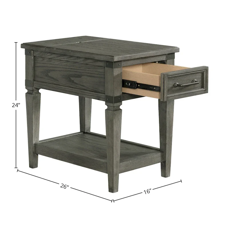 Brushed Pewter Chairside End Table with Drawer & Shelf