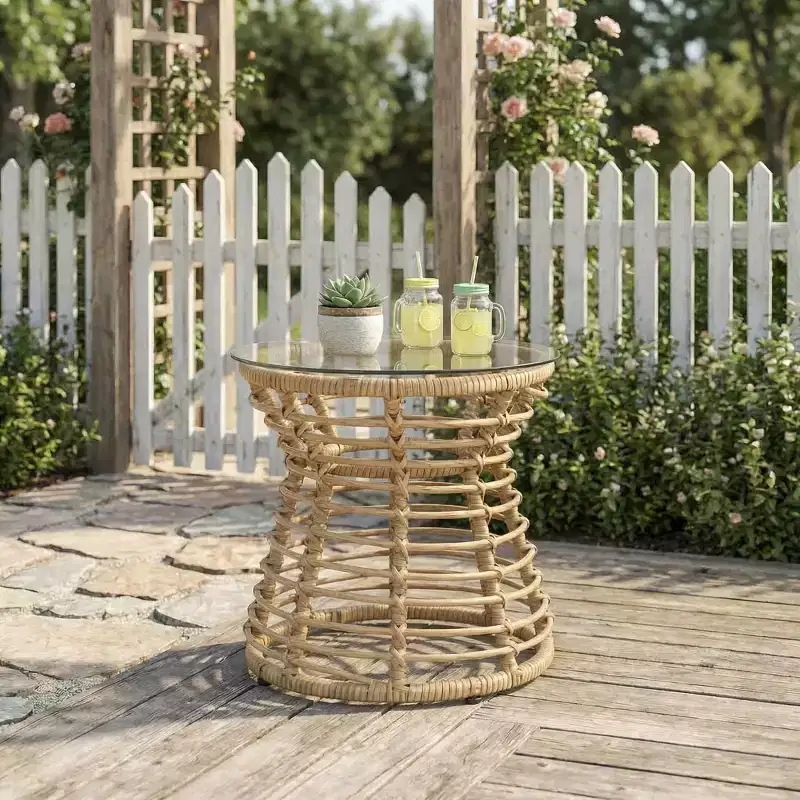 ModernLuxe 15.5 End Table Boho PE Rattan Round Side Table, Tempered Glass Top, Woven Hourglass Accent Table for Patio/Living Room, Brown