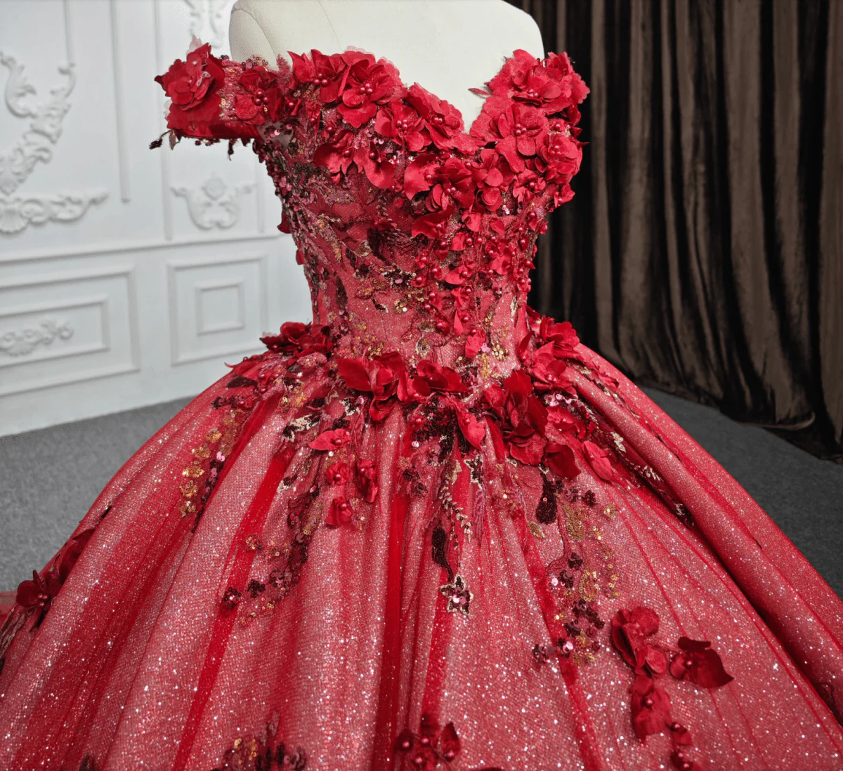 Red Flower  Off-the-Shoulder Quinceañera Dress