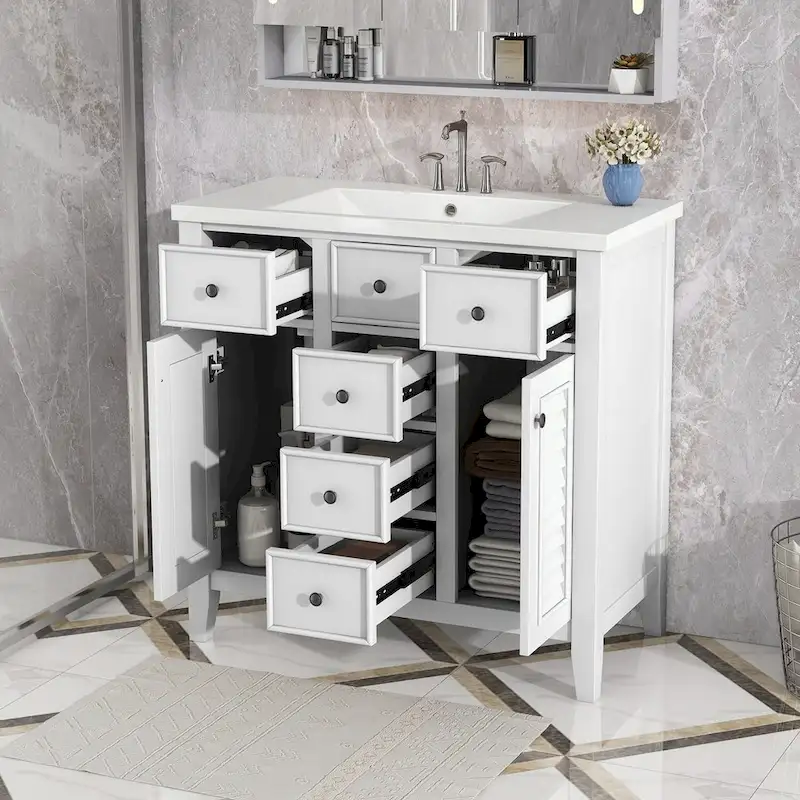 Bathroom Vanity with Ceramic Basin, Two Cabinets and Five Drawers