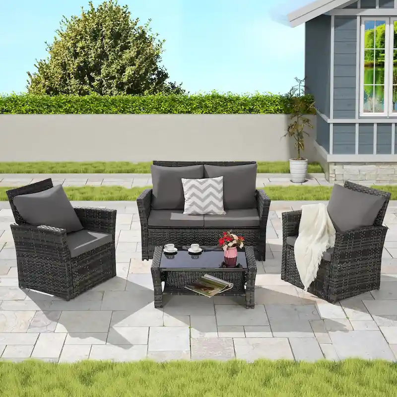 4-Piece Rattan Conversation Sofa Set with Glass Table
