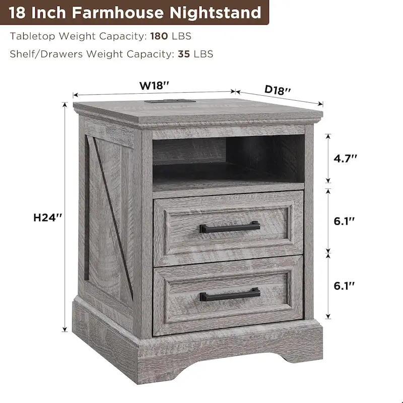 Farmhouse Nightstand with Charging Station, End Table with 2 Drawers