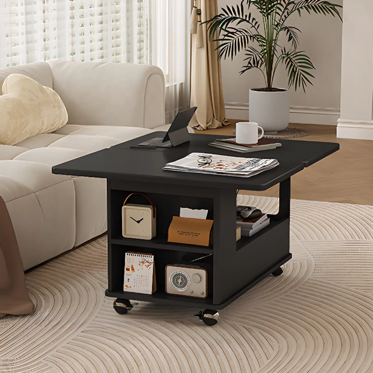 Adjustable Tabletop Modern Wood Side Table with Wheels