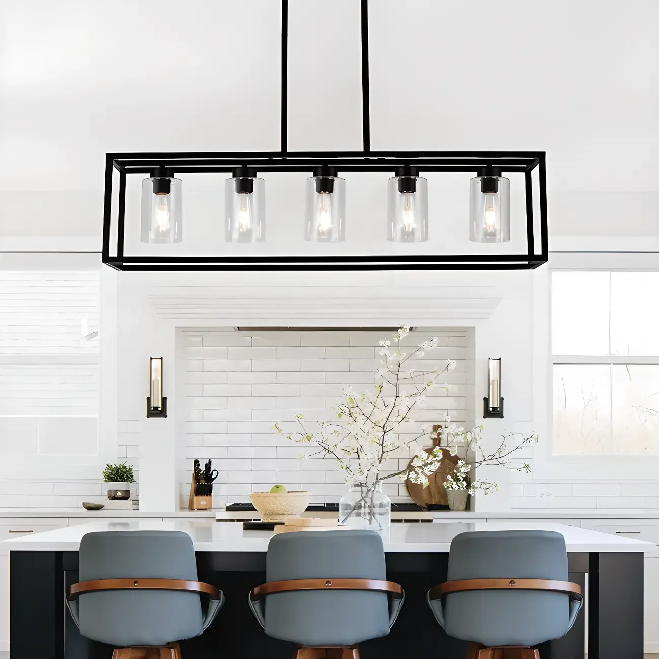 Industrial Black Metal Glass Cylinder Kitchen Island Pendant Light
