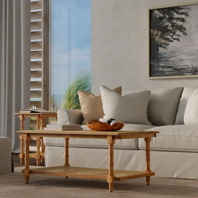 Chesterfield Wood & Cane Coffee Table — Whitewash Mango Wood with Turned Legs