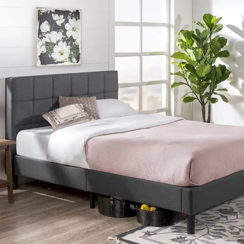 Grey Upholstered Square Stitched Platform Bed Frame