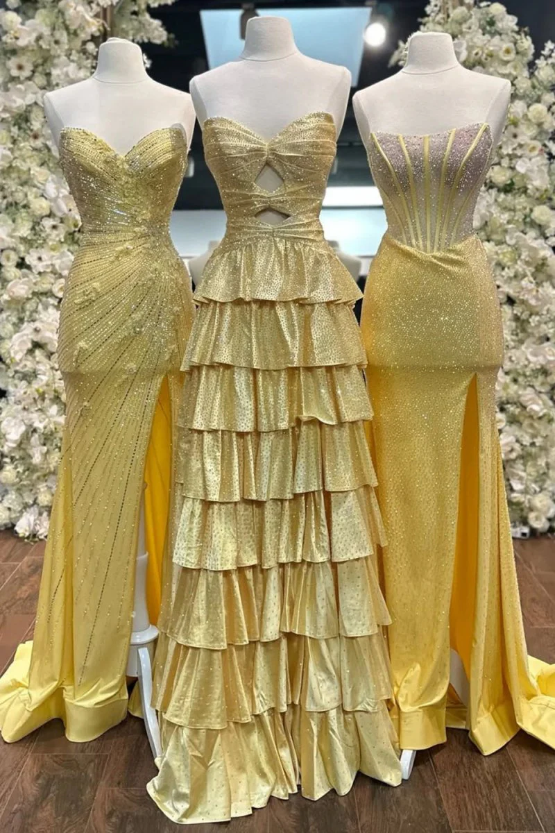 Yellow Strapless A Line Satin Beaded Long Prom Dresses With Ruffles