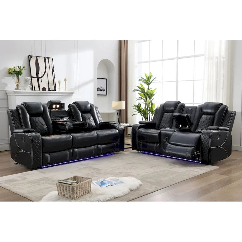 Power Reclining Sofa with Wireless Charger & LED Light – Faux Leather, Black