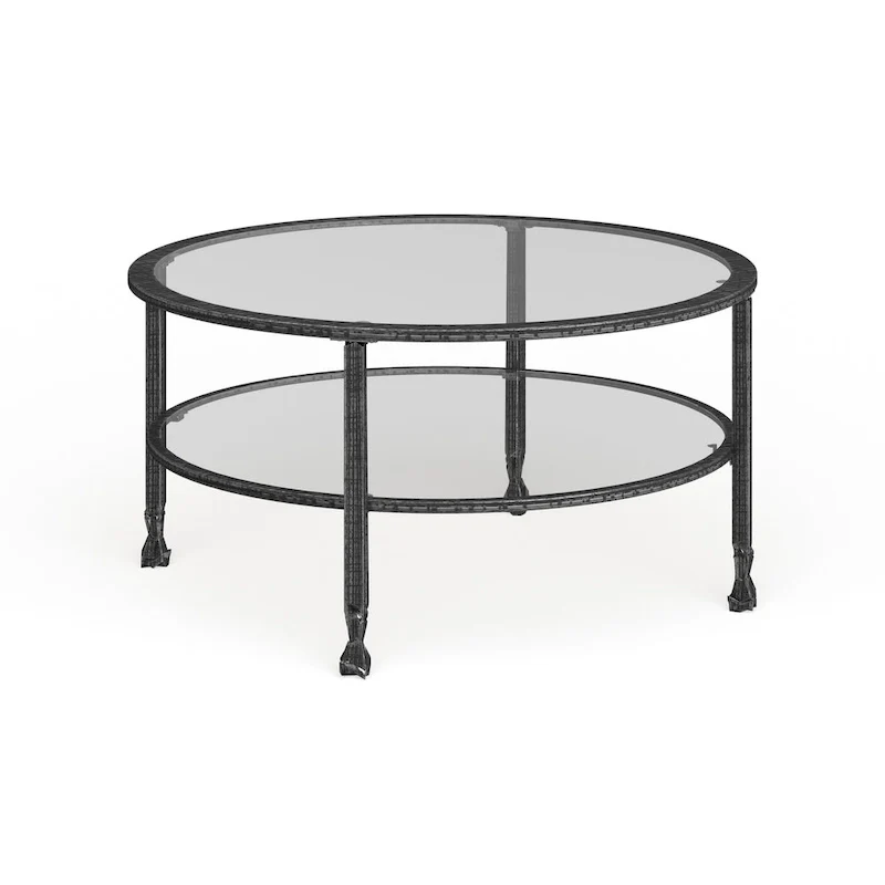 Glenn Distressed Black Metal Round Coffee Table with Glass Top and Shelf