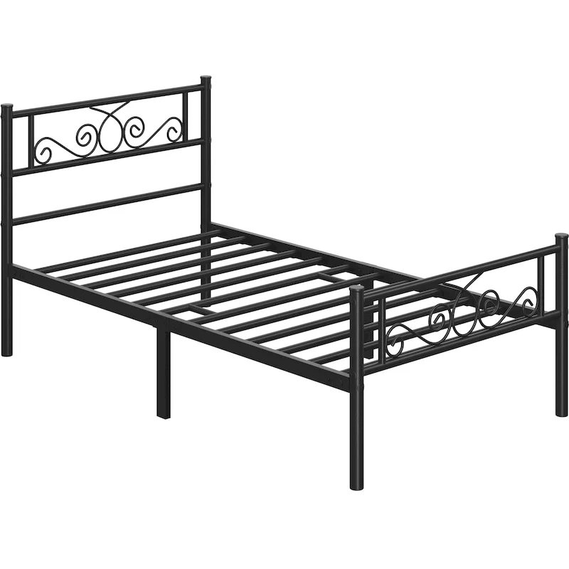 Black Iron Twin Bed Frame with Cast Metal Scroll Headboard and Footboard – 1-Person