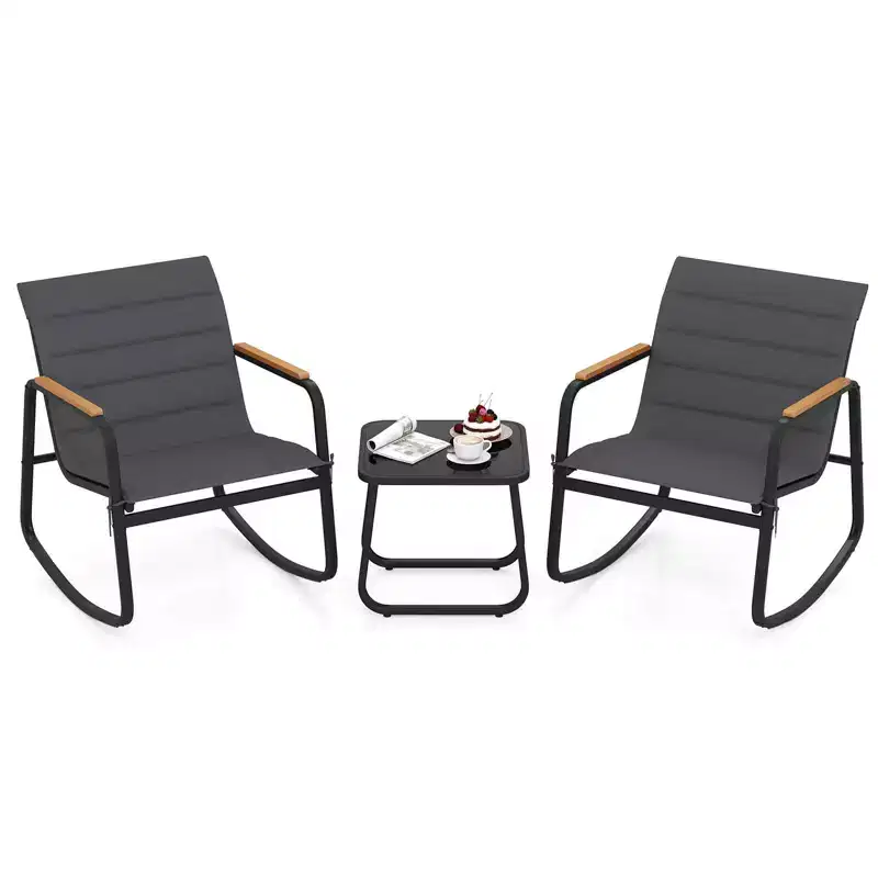 Costway 3 PCS Outdoor Rocking Bistro Set with Tempered Glass Table Metal Frame Soft Cushions