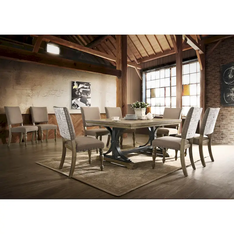 Rustic Dining Table with Removable Leaf & 8 Upholstered Chairs – Brown / Driftwood, Seats 8