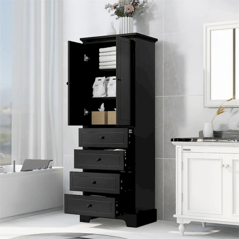 Storage Cabinet with 2 Doors and 4 Drawers, Adjustable Shelf