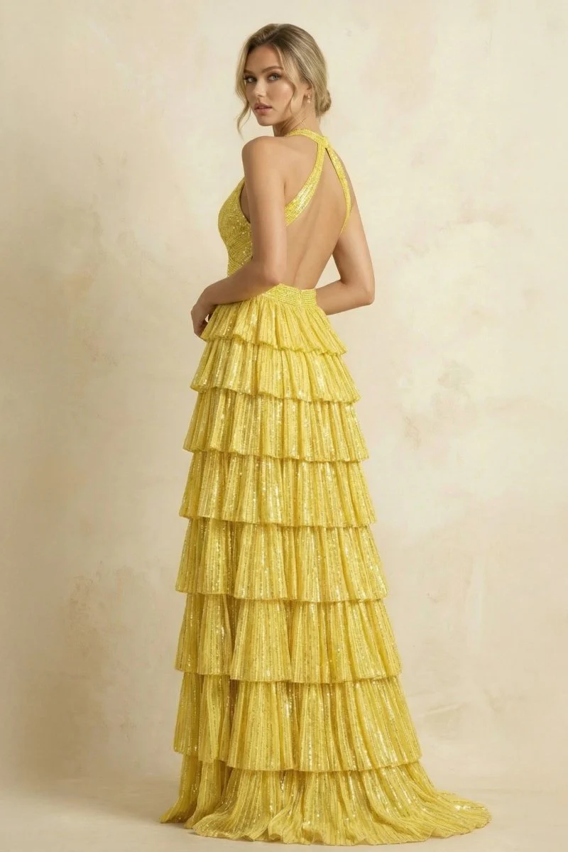 Yellow - A-Line V Neck Satin Beaded Long Prom Dresses With Ruffles