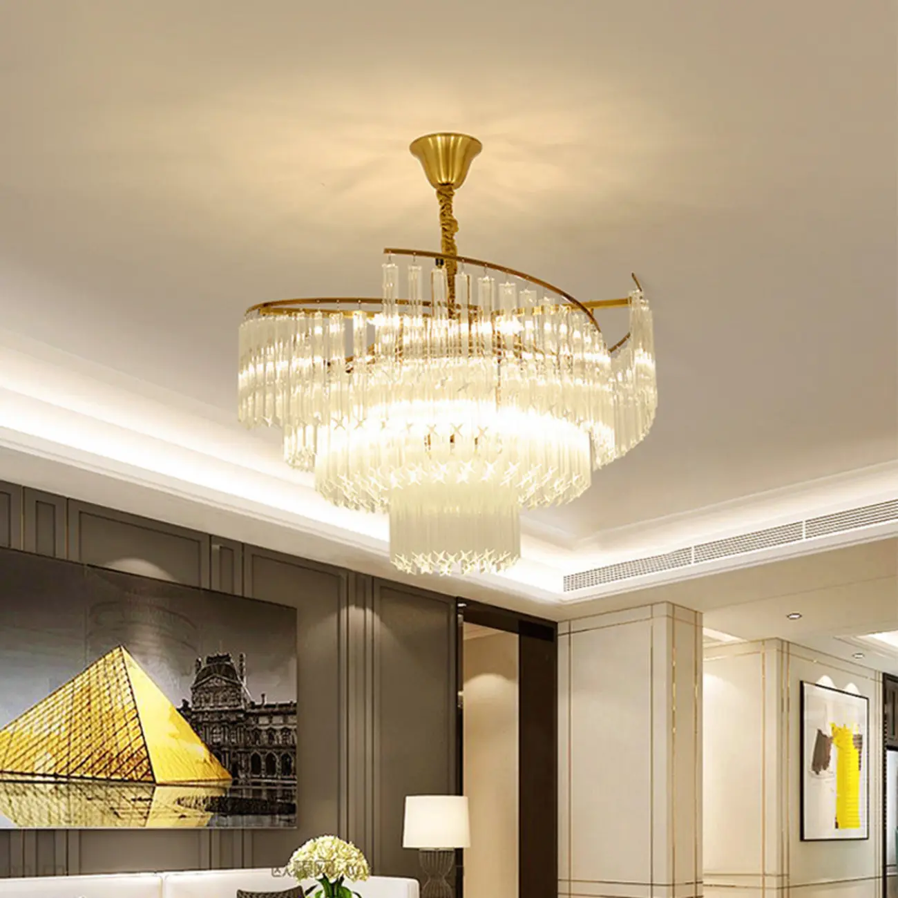 Modern Tier Round Gold Crystal Chandelier Height Adjustable