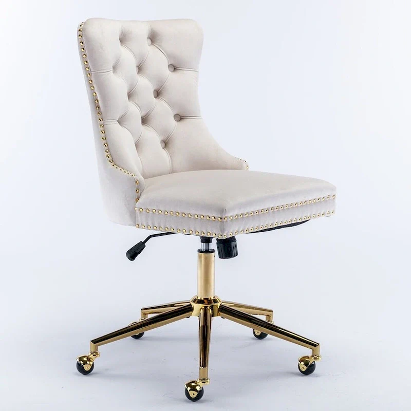 Beige / Black / Pink / Grey Velvet Tufted Button Swivel Office Chair with Gold Metal Base & Adjustable Height – 1-Person