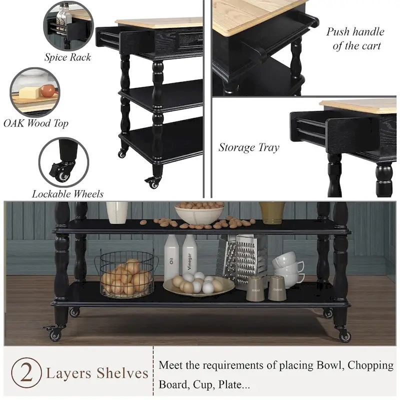 Rolling OAK Wood Top Kitchen Cart with Wine Rack and 2 Drawers