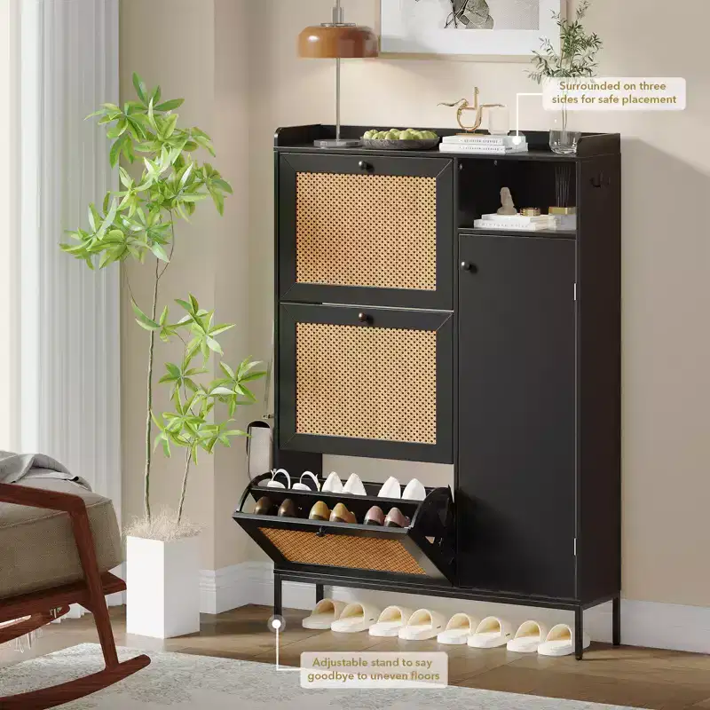 Freestanding Rattan Log Color Shoe Storage Cabinet with 3 Flip Drawers, Freestanding Organizer with Adjustable Shelves for Entryway, Hallway
