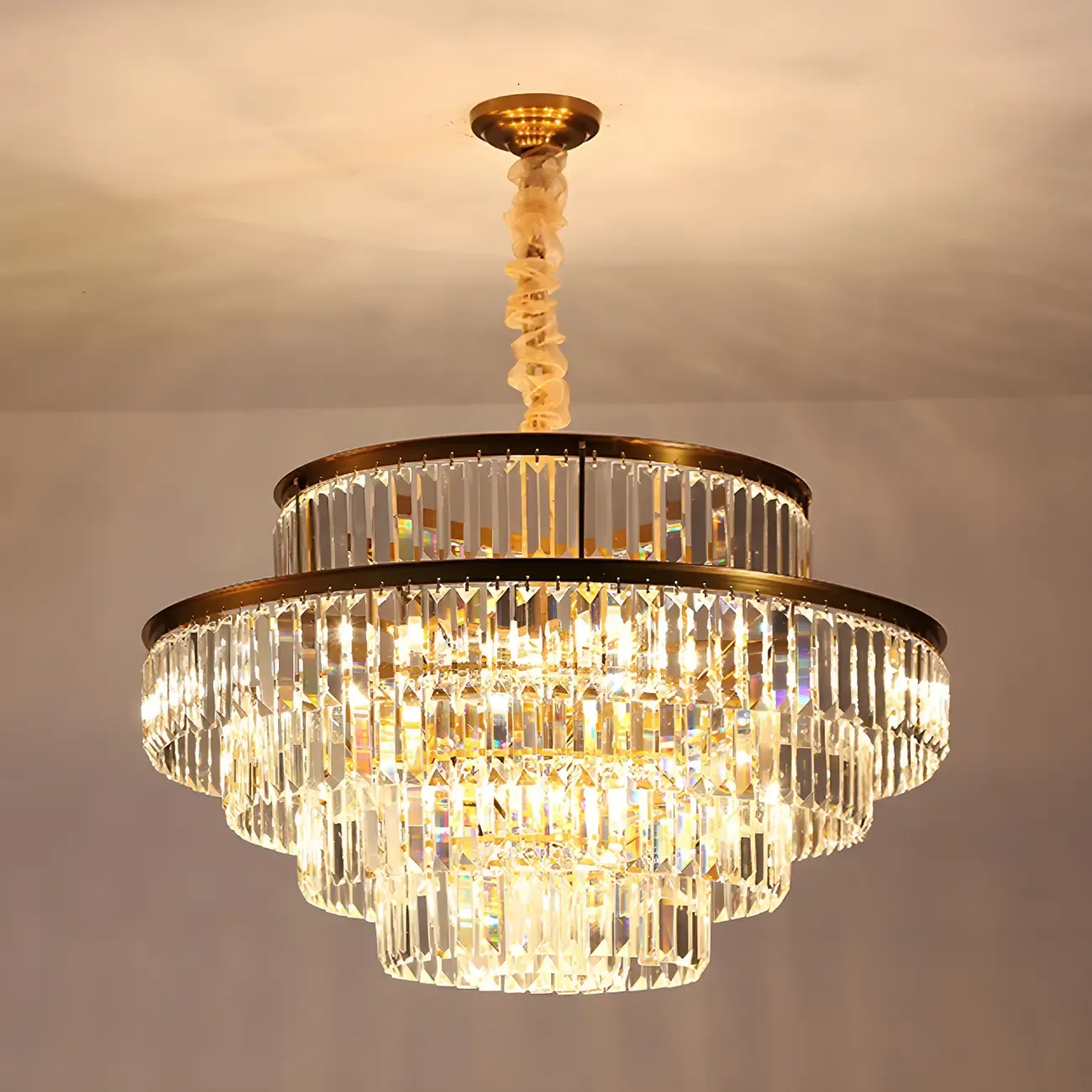 Gold Crystal Cylinder Tier Circle Chandelier