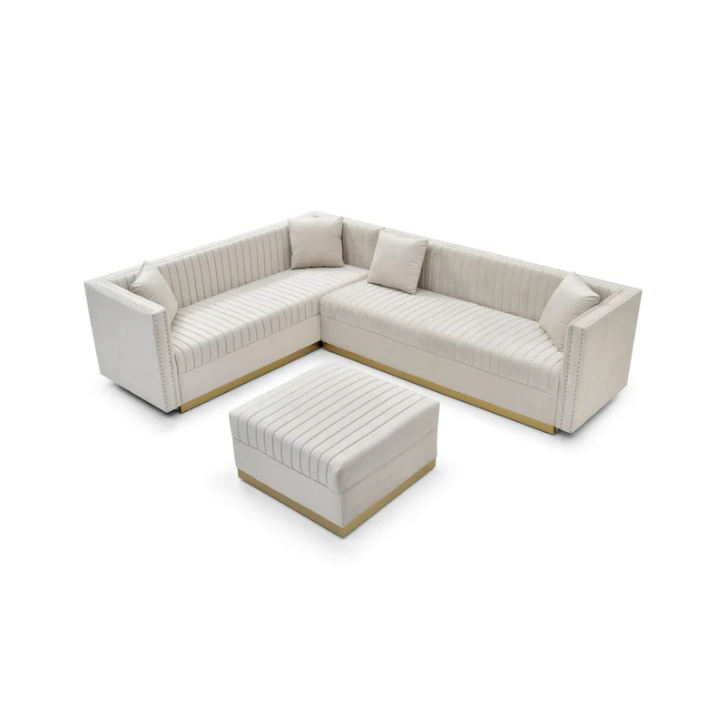 Beige Velvet Tufted L-Shaped Sectional Sofa with Ottoman and 4 Pillows