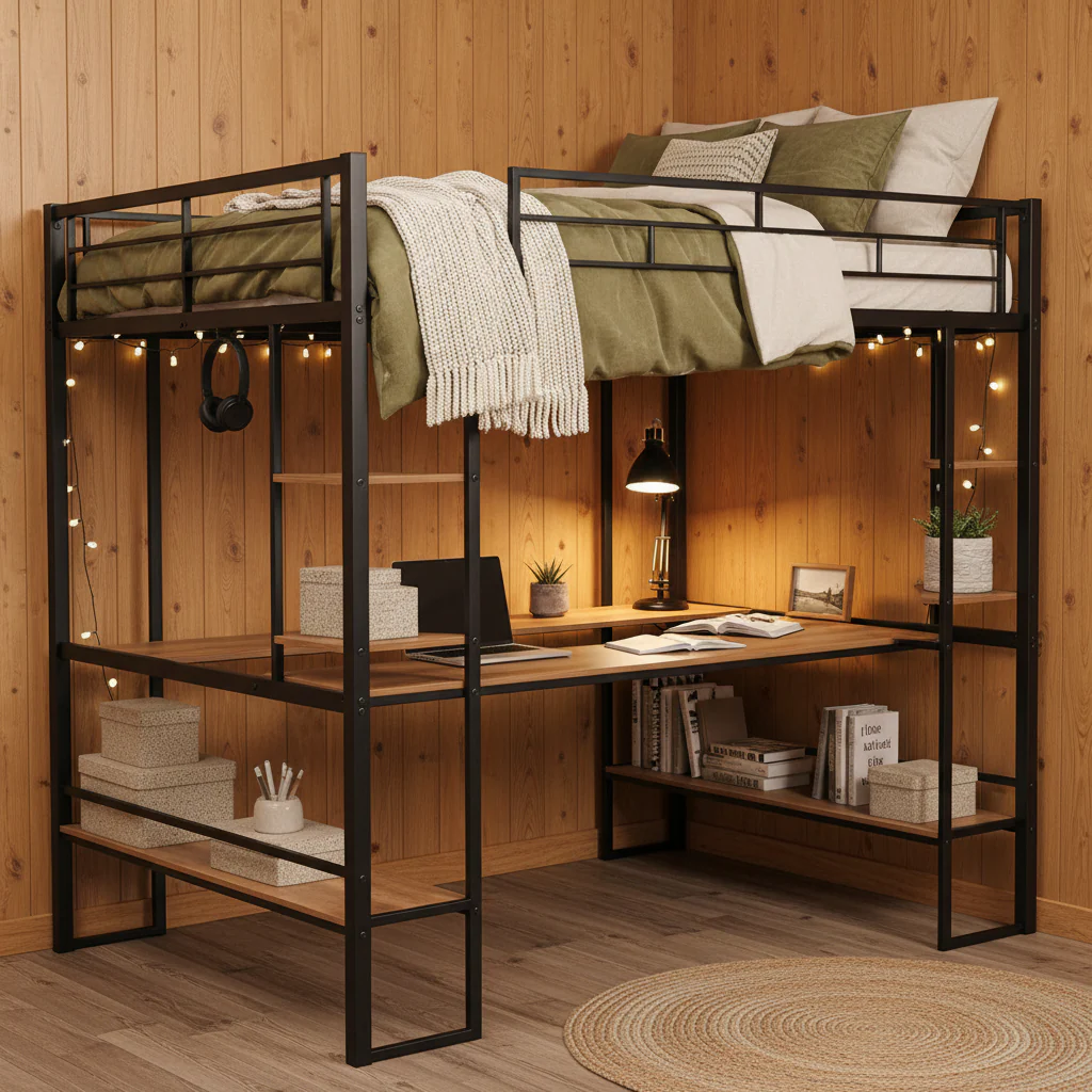 Black Full Size Metal Loft Bed with Long Desk for Kids, Boys and Girls