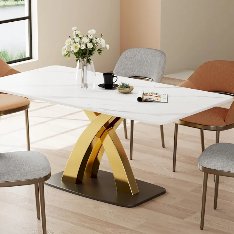 Modern White Rectangular Dining Table,Sintered Stone top,Gold X-Shaped