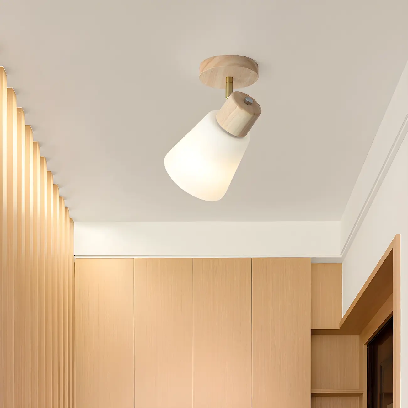 Natural Wood White Cone Glass Adjustable Semi Flush Track Light