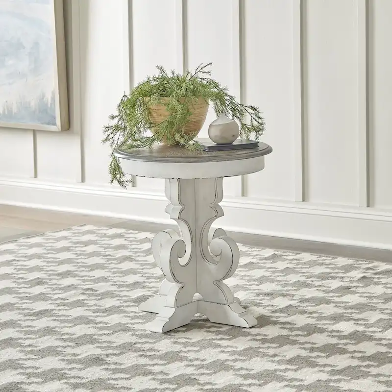 Round Scrolled Pedestal End Table, Antique White / Weathered Bisque, 1-Piece