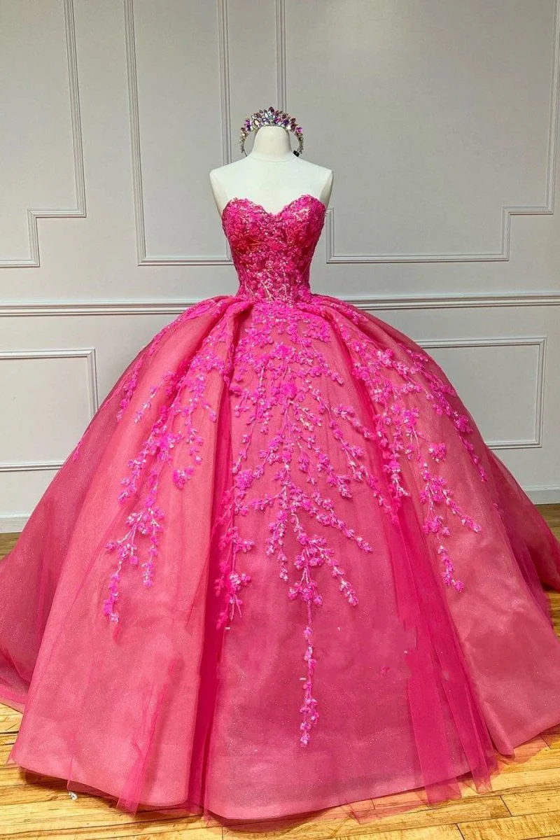 Ball Gown Sweetheart Pink Lace Appliques Tulle Long Quinceanera Dresses