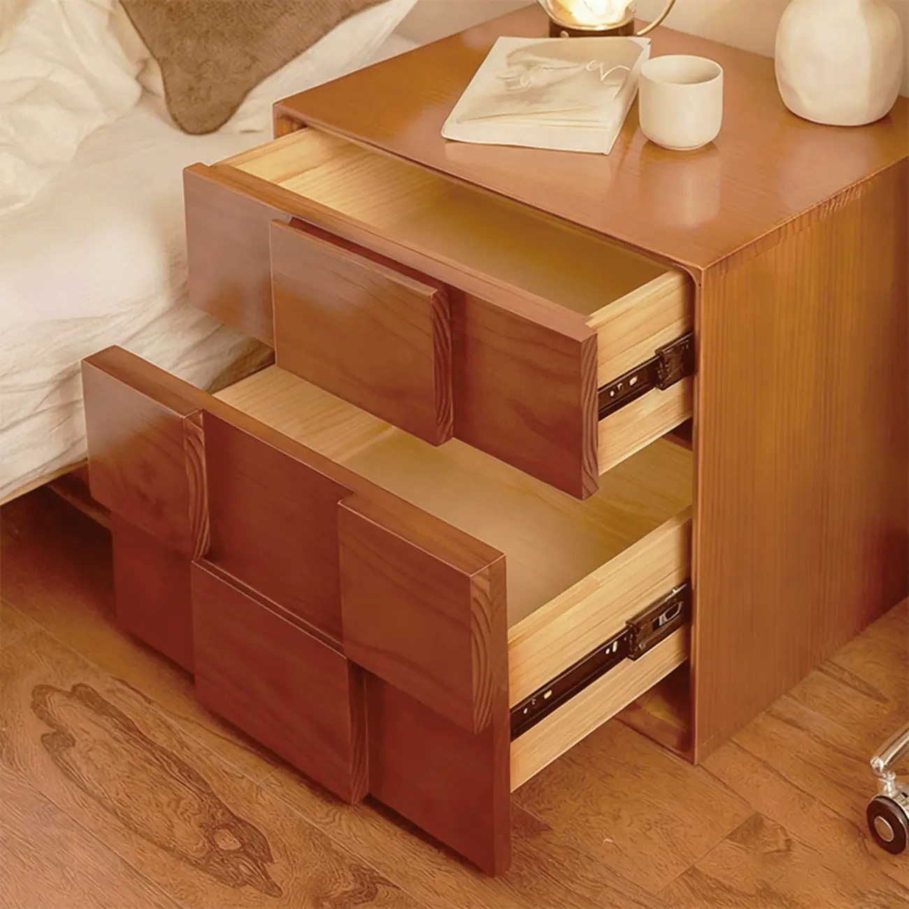 Mid-Century Modern Wood Nightstand with 2 Drawers