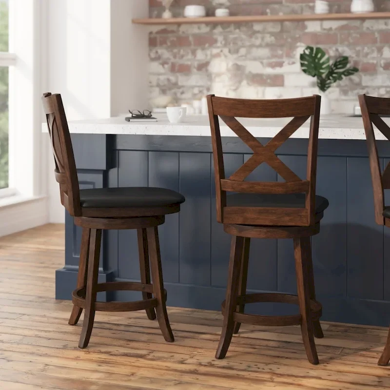 Modern Ladderback Wooden Upholstered Swivel Counter Height Stool