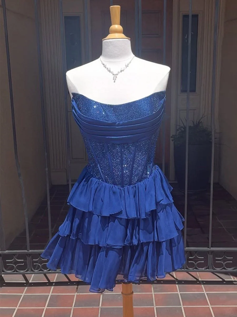 Navy Blue - Strapless A Line Chiffon Beaded Homecoming Dress With Ruffles