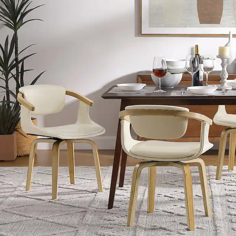 Mid-Century Modern 360° Swivel Dining Chair with Curved Back & Recessed Arms – Faux Leather / Fabric, 8 Colors, Single