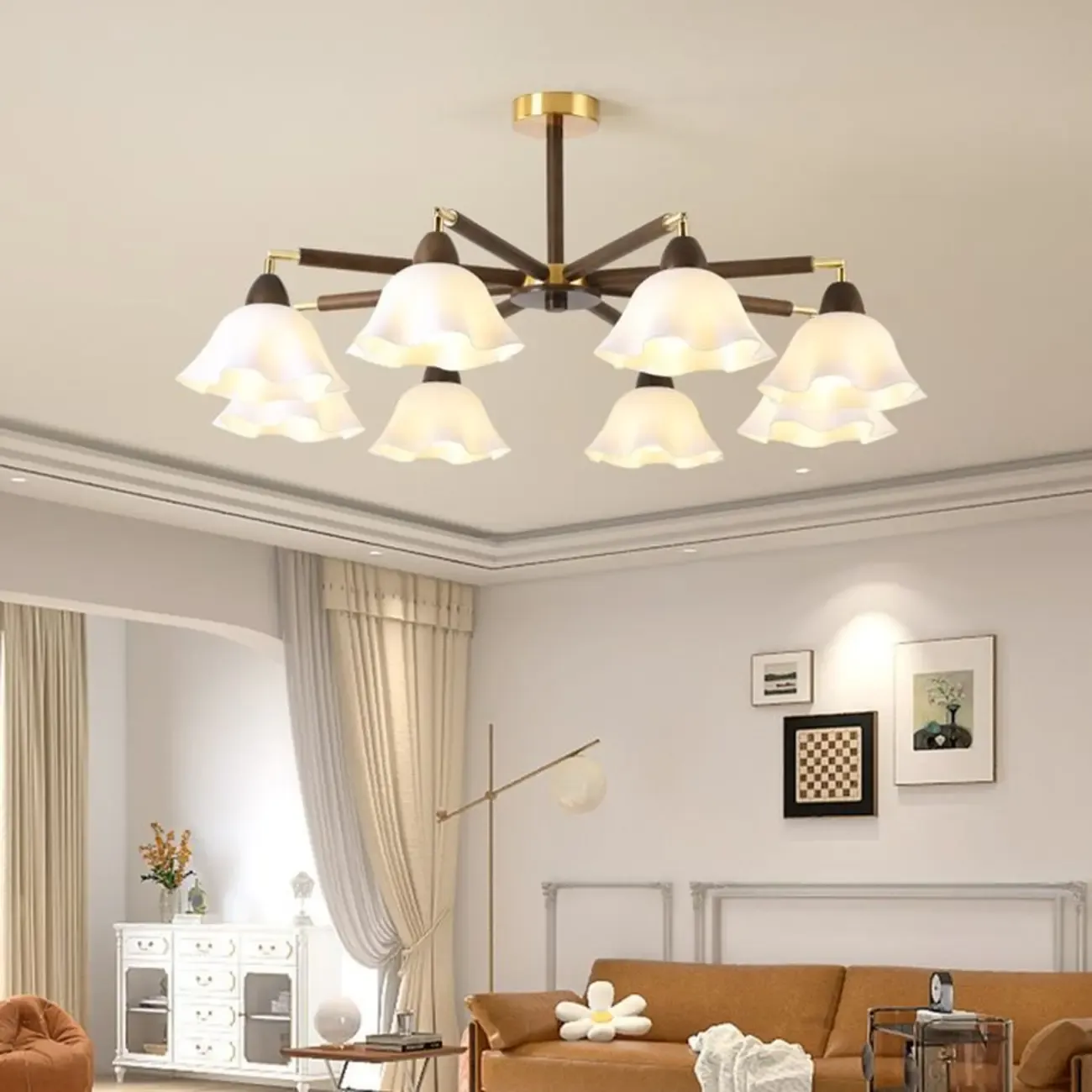 Elegant Down Floral Glass Shade Wood Semi Flush Ceiling Light
