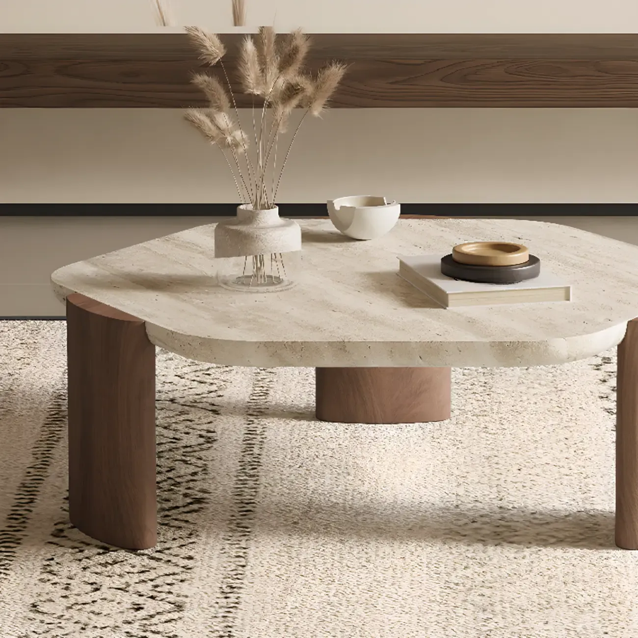 Modern Beige Travertine Top Coffee Table in Hexagon/Round