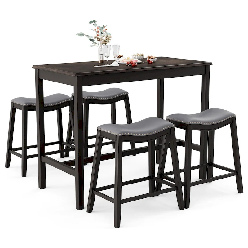 Costway 5PCS Bar Table Set Counter Height Table & Upholstered Saddle