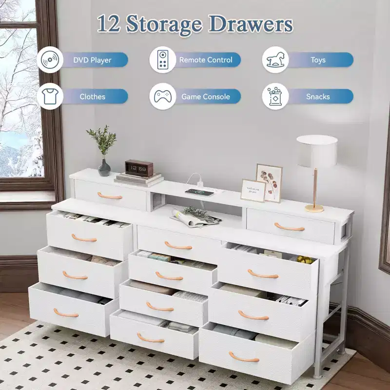 White 12 Drawer Dresser for Bedroom with LED Lights and Power Outlets 55 inch Wide Fabric Storage Chest with 2 Shelves Wood Top Large Media Center